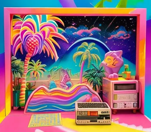 Prompt: Lisa frank style 1980s diorama
