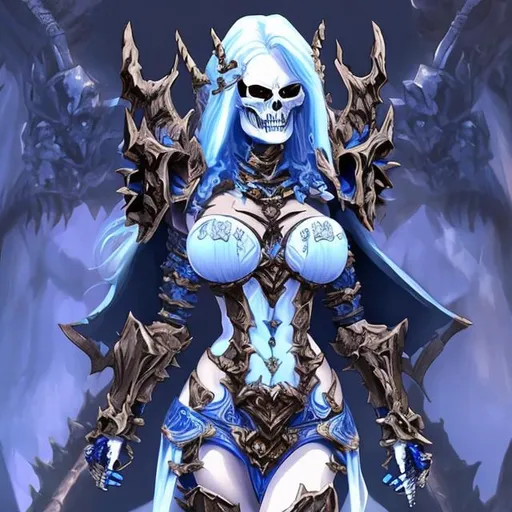 Prompt: Skeleton demon 😈 woman wear blue and white full set armor 