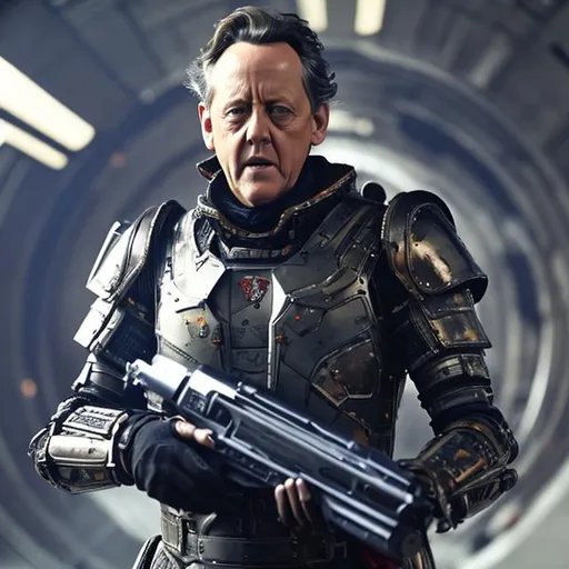 Prompt: Richard E Grant shouting angrily wearing an armored futuristic scifi military uniform and holding an advanced exotic shotgun in full color
