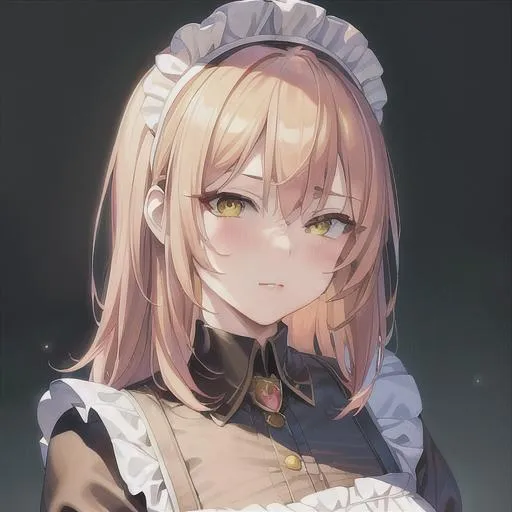 Prompt: (masterpiece, illustration, best quality:1.2), blushing, tsundere, smug expression, portrait, medium hair, yellow eyes, wearing maid outfit, best quality face, best quality, best quality skin, best quality eyes, best quality lips, ultra-detailed eyes, ultra-detailed hair, ultra-detailed, illustration, colorful, soft glow, 1 girl, leading into a desk