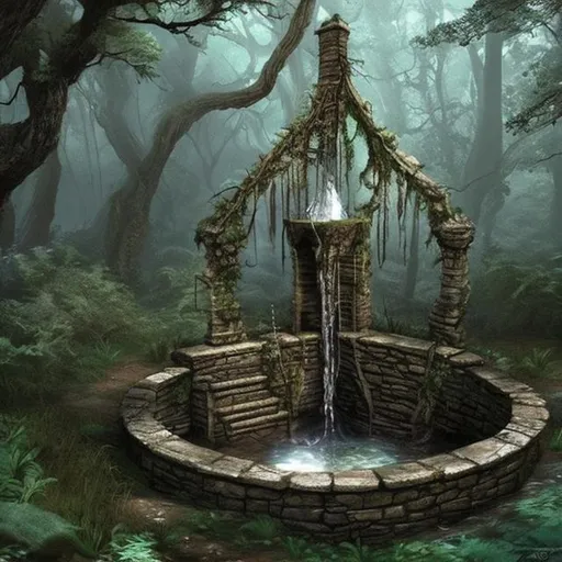 Prompt: hyper realistic water well deep in the woods, dungeons and dragons style