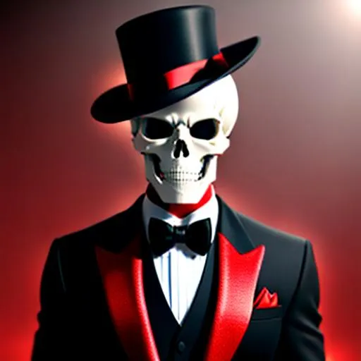Prompt: Badass skeleton wearing a tuxedo , red sweater with black bow tie, HD, 8k, high quality, hyper realism, Very detailed