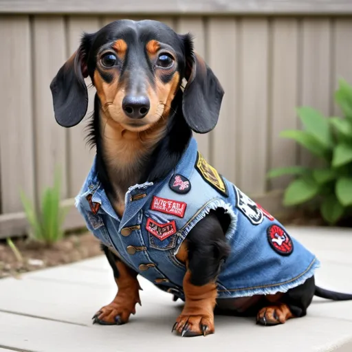 Prompt: dachshund wearing a heavy metal music denim vest with patches