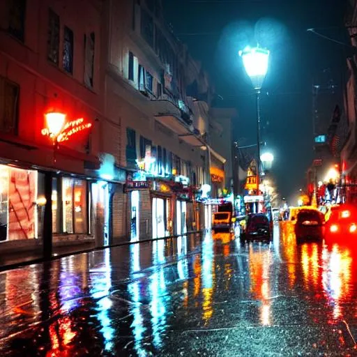 Prompt: Down town street on rainy night
