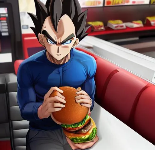 Prompt: Vegeta holding a burger while being at McDonald's