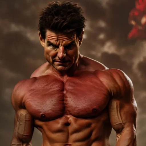 Prompt: head and torso portrait of tom cruise as huge red demon with ram's horns wearing butcher's apron, muscular, half body is of a muscular bull, artstation creature art