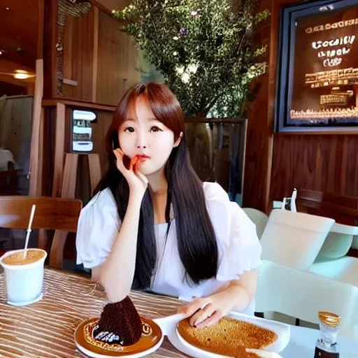 Prompt: Chuu eats her chocolate cake at the cafe