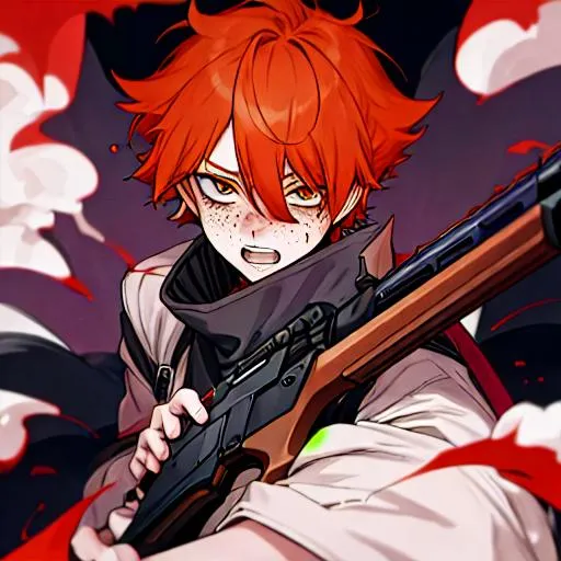 Prompt: Erikku male adult (short ginger hair, freckles, right eye blue left eye purple) UHD, 8K, Highly detailed, insane detail, best quality, high quality, covered in blood,  anime style, shooting a shotgun