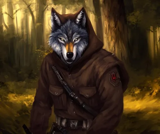 Prompt: Wolf man, brown military uniform, hood, painting, portrait, fantasy, blue eyes, rifle 