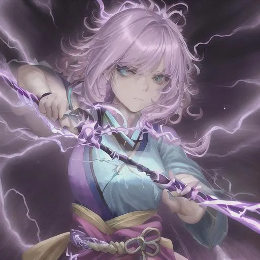 Prompt: oil painting, UHD, 8k, Very detailed, panned out, female lightning elemental with flesh that is purplemade of lightning, visible face she is made of lightning, she has flowing hair lighting coming from it, she wears a turquoise Japanese hanbok, a purple cloth across her chest, she hold a hammer which lightning is radiating from it, 