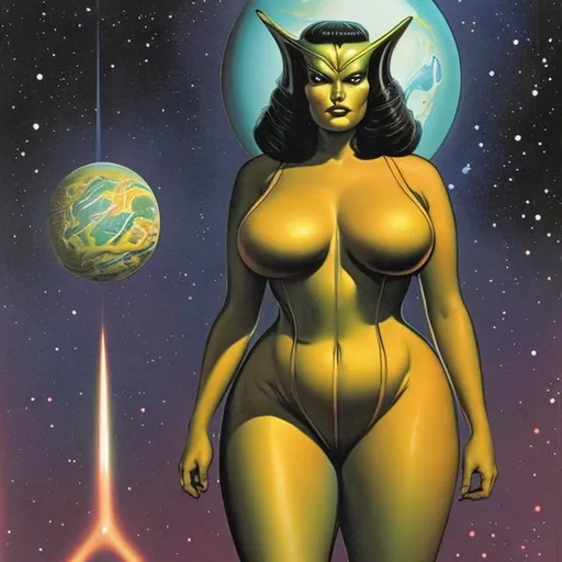 Prompt: plus size alien woman, cover of 1970's science fiction book, illustrated by Earl Norem


