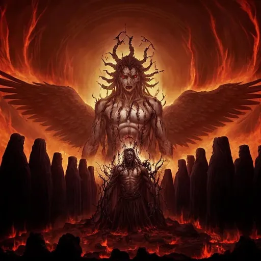 Prompt: Dark ancient god waking from long slumber in a post Apokalyptical burning world one step away from the entrance to the Purgatory, surrounded by Suffering tormented souls and sinister creatures,sinner,underworld,undead,evil,hell,devil,darkness,Takeshi Oda,