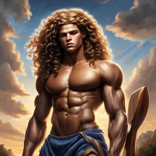 Prompt: portrait of biblical samson, his ample extremely long thick hair to his thighs in a mane of defined curly ringlets, handsome, muscular, shirtless,  18-years-old, caucasian, highly detailed, digital painting