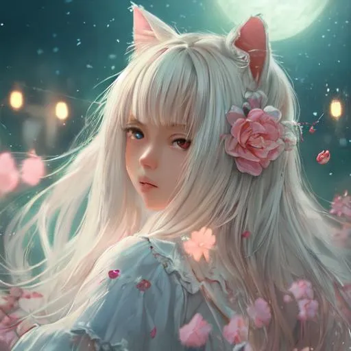 Prompt: sakura, cute, fantasy, magical,  teen girl, white cat ear, long rosé hair ultra detailed artistic photography, light hair, midnight aura, night sky, detailed gorgeous face, dreamy, glowing, glamour, glimmer, shadows, oil on canvas, brush strokes, smooth, ultra high definition, 8k, unreal engine 5, ultra sharp focus, art by alberto seveso, artgerm, loish, sf, intricate artwork masterpiece, ominous, matte painting movie poster, golden ratio, trending on cgsociety, intricate, epic, trending on artstation, by artgerm, h. r. giger and beksinski, highly detailed, vibrant, production cinematic character render, ultra high quality model, paleultra detailed artistic photography, light hair, midnight aura, off-shoulder bodysuit, full-body, night sky, detailed gorgeous face, dreamy, glowing, backlit, glamour, glimmer, shadows, oil on canvas, brush strokes, smooth, ultra high definition, 8k, unreal engine 5, ultra sharp focus, artgerm, loish, sf, intricate artwork masterpiece, ominous, matte painting movie poster, golden ratio, trending on cgsociety, intricate, epic, trending on artstation, by artgerm, h. r. giger and beksinski, highly detailed, vibrant, production cinematic character render, ultra high quality model
