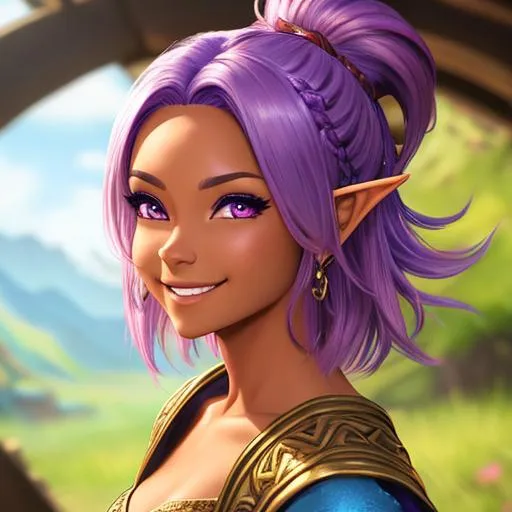 Prompt: oil painting, D&D fantasy, tanned-skinned-gnome girl, tanned-skinned-female, short, beautiful, short bright purple hair, twists cut hair, smiling, pointed ears, looking at the viewer, Wizard wearing intricate wizard outfit, #3238, UHD, hd , 8k eyes, detailed face, big anime dreamy eyes, 8k eyes, intricate details, insanely detailed, masterpiece, cinematic lighting, 8k, complementary colors, golden ratio, octane render, volumetric lighting, unreal 5, artwork, concept art, cover, top model, light on hair colorful glamourous hyperdetailed medieval city background, intricate hyperdetailed breathtaking colorful glamorous scenic view landscape, ultra-fine details, hyper-focused, deep colors, dramatic lighting, ambient lighting god rays, flowers, garden | by sakimi chan, artgerm, wlop, pixiv, tumblr, instagram, deviantart