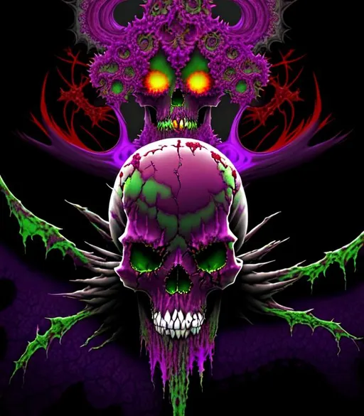 Prompt: scary horror 3D HD Mandelbrot Julia Fractal inky plasma blood-red hunter-green royal-purple yellow {celtic}skull freeform dark chaos --s98500