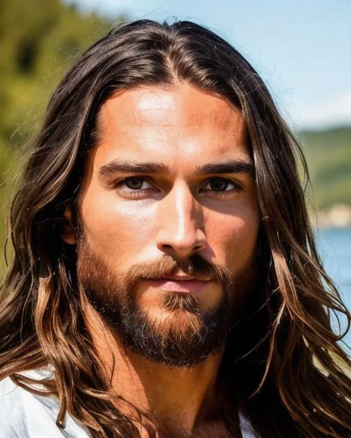 Prompt: Please paint a picture of 8K raw photo, Best quality, masterpiece, ultra high res, Jesus Christ, walking on the water, realistic eye and face details,  Long brown hair