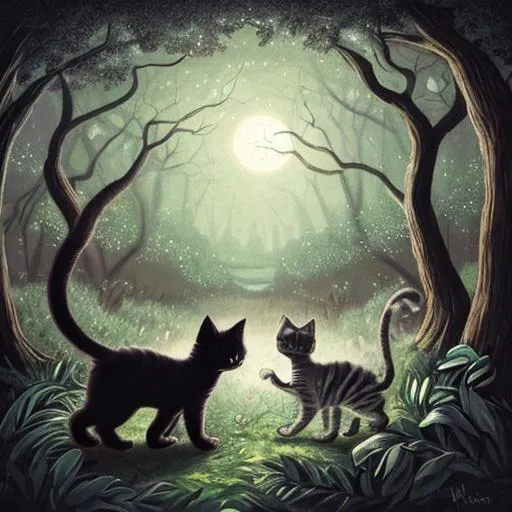 Prompt: a black kitten and a silver tabby kitten climb into a thicket at night in an enchanted forest. 