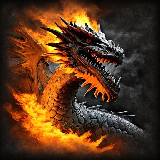 Prompt: A dragon in action breathing fire with black rough brushed border around frame of picture with colors, yellow, gray, burnt orange, white