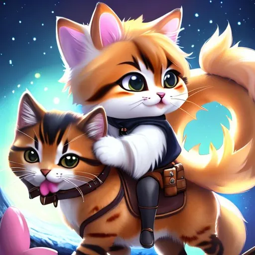 Prompt: a cat with Calico fur holding a donut on horseback cute chibi intense high quality art high quality shading high quality lighting dramatic lighting ultra 4K HD quality 3D art 3D art 3D art