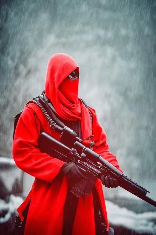 Prompt: Stealth ninja standing with sniper rifle, in dark weather