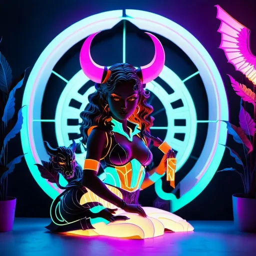 Prompt: a beautiful female demon in a dynamic pose in a retro futuristic synthwave cyberpunk neon paradise.  neon lighting, high quality, beautiful, synthwave, cyber, retro, futuristic