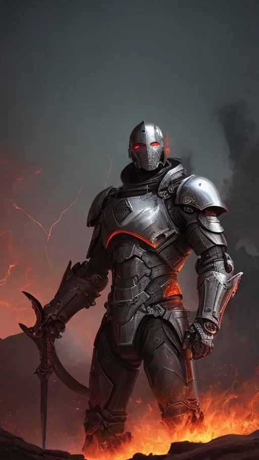 Prompt: a Male warforged in silver armor rests on his sword in the middle of a dark crater filled with glowing red fire. the sky is dark and he is surrounded by glowing red lightning. Behance hd