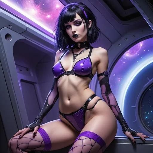 Prompt: Sci-fi starfinder space faring brooding goth girl with black hair in rippled nylons and neon purple undies with leg spread open revealing private parts
