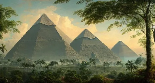 Prompt: a beautiful and highly detailed digital painting of the great pyramid of Giza far away in a massive lush tropical forest, with UFOs flying near, intricate details, epic scale, hyperdetailed, hyperrealism, artstation, cgsociety, 8 k, sharp focus, by caspar friedrich, albert bierstadt, james gurney