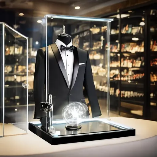 Prompt: black tuxedo on a stand, and a magic wand behind a glass case