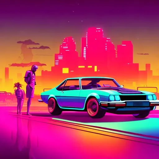 retro car scene, miami, retrowave, neon, synthwave,...