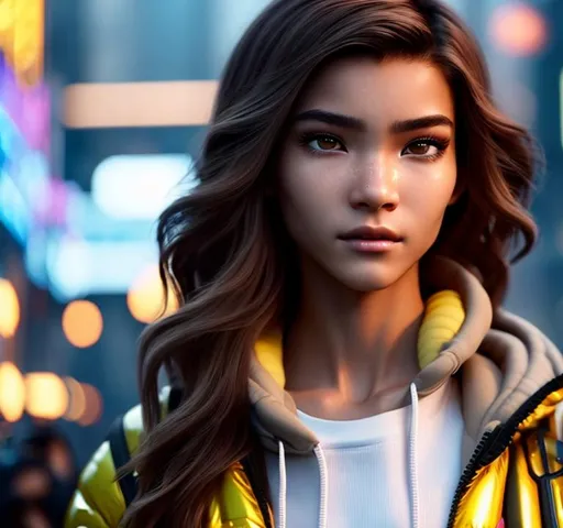 Prompt: cyborg, robot girl,perfect italian nose, brown hair, hairstyle to the side, oval face, weight 53kg, height 1.68, 17 years old close-up back view half body, perfect body,  wearing yellow rain jacket and denim shorts in a cyber punk city, hyper realistic details, cinematic lighting, 3d, 8k