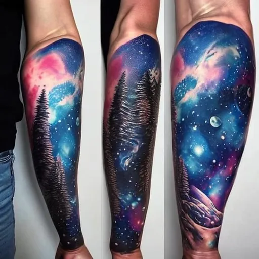 Prompt: space themed forest full sleeve arm tattoos