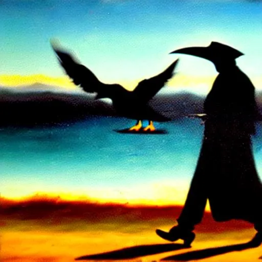 Prompt: Plague doctor being carried by crows to the other side of the ocean, old oil painting 