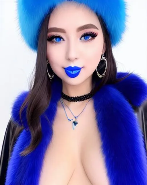 Prompt: Cardi B eating candy ice cream, blue lipstick, snowy beach, blue heart necklaces, Thick blue fur coat, Black Cape, pleasant face, blue spiral eyes, Black-purple eyeshadow, long ice earrings. Cold color scheme, ultradetailed, 8k resolution, perfect, smooth, high quality, shiny. 