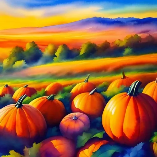 Prompt: (masterpiece, best quality:1.2), A watercolor painting/oil painting. Beautiful space, wildly exaggerated vivid colors, A spooky pumpkin in a pumpkin patch during a golden sunrise over a green field on a misty morning. (sharp detailed) (cinematic shot)