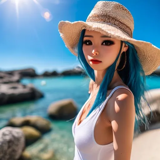 Prompt: Realistic anime woman in a summer like outfit in the sunshine at a crystal clear beach