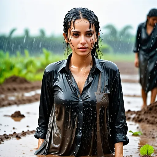 Prompt: photo of young woman, soaking wet clothes, long black shirt,  , raining in mud,   enjoying, water dripping from clothes, clothes stuck to body,  detailed textures of the wet fabric, wet face, wet plastered hair,  wet, drenched, professional, high-quality details, full body view 