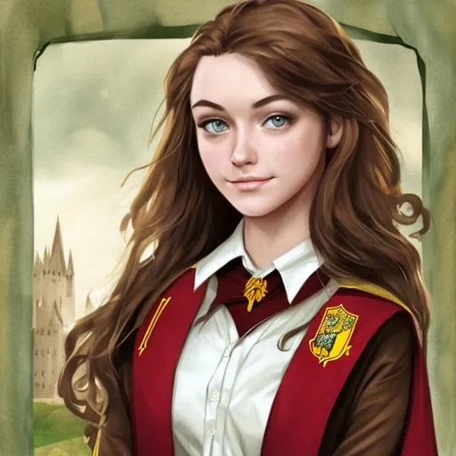 Prompt: brown-haired, green-eyed woman as a Gryffindor student at Hogwarts