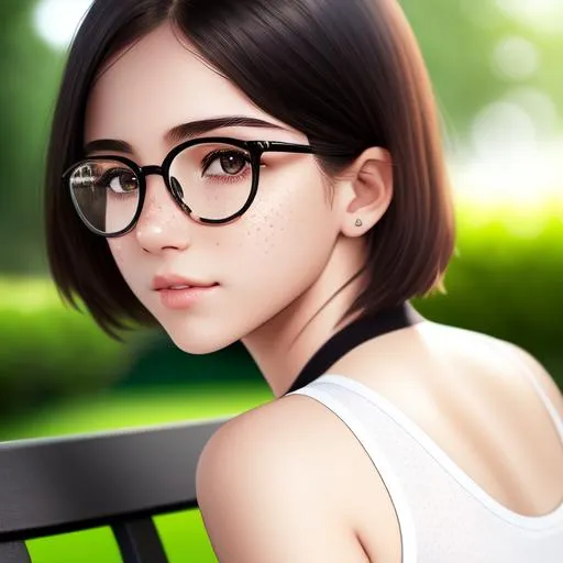Prompt: hyper realistic photo of a 15 years old young girl in a garden sitting on a park bench, looks like  freckles, thin round glasses frames, attitude, white see-through tank top and black mini shorts,  with short hair, { hard nipple}, long neck perfect lips, perfect nose, full body, highly detailed, ultra-high resolution, maximum details, ultra quality, masterpiece, intricate details.