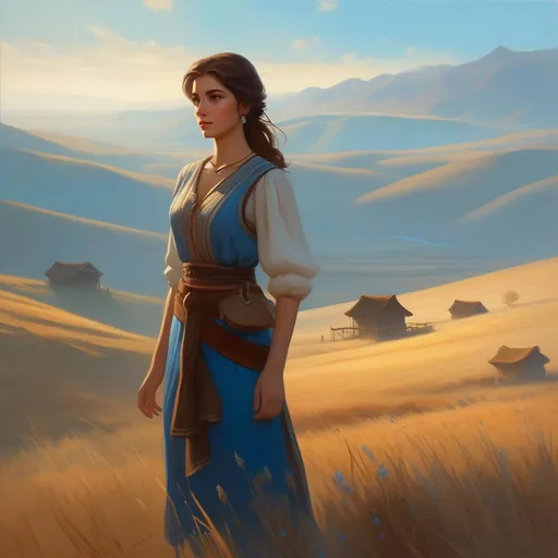 Prompt: Third person, gameplay, ancient Magyar girl, pale skin, brown hair, brown eyes, steppe, fog, blue atmosphere, cartoony style, extremely detailed painting by Greg Rutkowski and by Henry Justice Ford and by Steve Henderson 