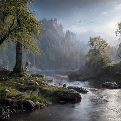 Prompt: beautiful fantasy landscape, photorealistic, high resolution, high quality, mountains, river, high fantasy, magical, vivid, magical forest, lush, exotic, misty, avalon