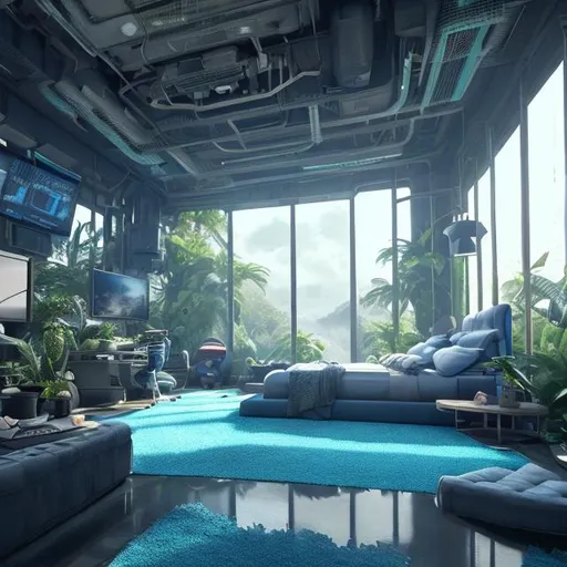 Prompt: futuristic large bedroom, cluttered, cozy, solarpunk, tropical island, blue grey, big wall digital screen, thick carpeting, biologist, luxury, interior, realistic details, photorealistic, 8k render, cinematic lighting, ultra detailed