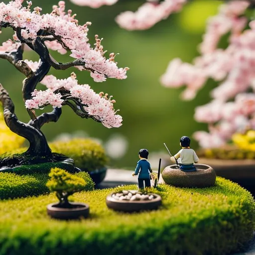 Prompt: tiny japanese men mowing grass beside bonsai tree yellow cherry blossom at night

