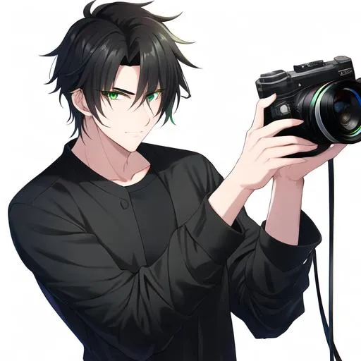 Prompt: Caleb 1male. Sleek black hair, stern and lively green eyes. Wearing a cool and casual, relaxed fit with a trendy design. UHD. As a Photographer, holding a camera. Highly detailed