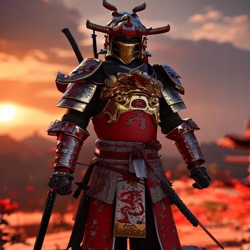 Prompt: Samurai with red armor and dragon themed helmet, golden katana looking at the sunset on a battlefield ultra realistic