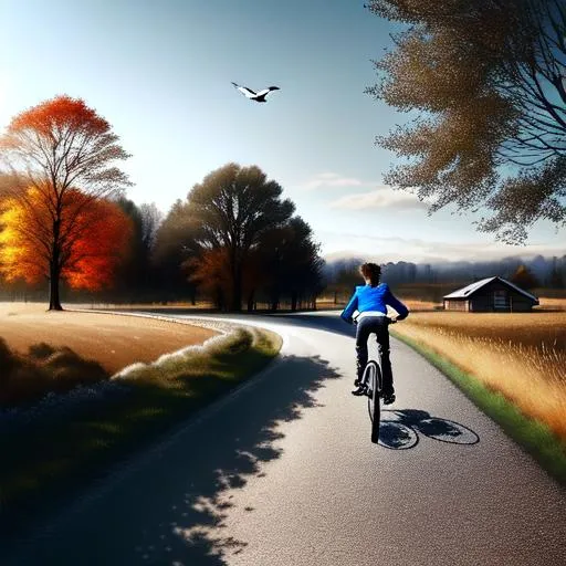 Prompt: Riding fast looking up 13 year old young Boy lightbrown hair wearing a (white tanktop)+ and dark gray darkblue worn baggy longsleeve hoodie black jeans lightbrown shoes riding his bicycle rural area, house, trees in background two magpies, art, concept art, artstation, cinematic composition, dynamic angle,  close up face side midday beautiful nature colors blue sky