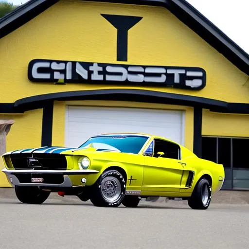Prompt: full body 1967 canary yellow Ford Mustang, Eagle sticker on the hood.