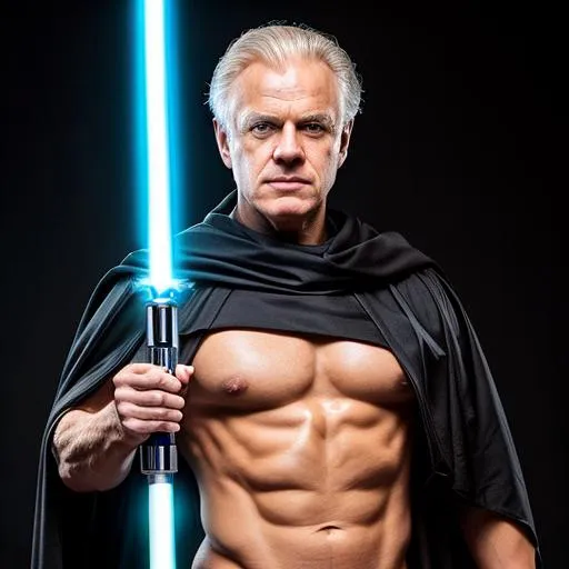 Prompt: depict young blonde haired Chancellor Palpatine as a body builder with a lightsaber using best practices