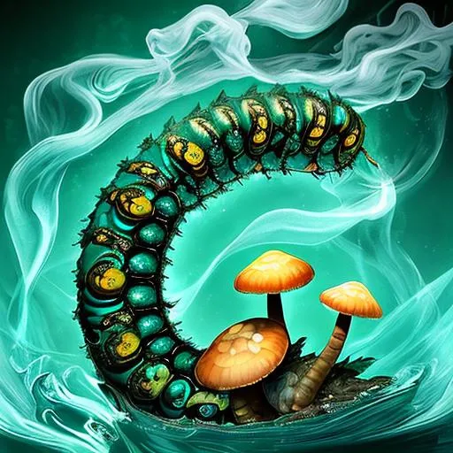 Prompt: caterpillar, teal eyes, HD, colorful, beautiful, flowing water, digital portrait, dynamic lighting, intricate, fangs,  mushrooms, smoke